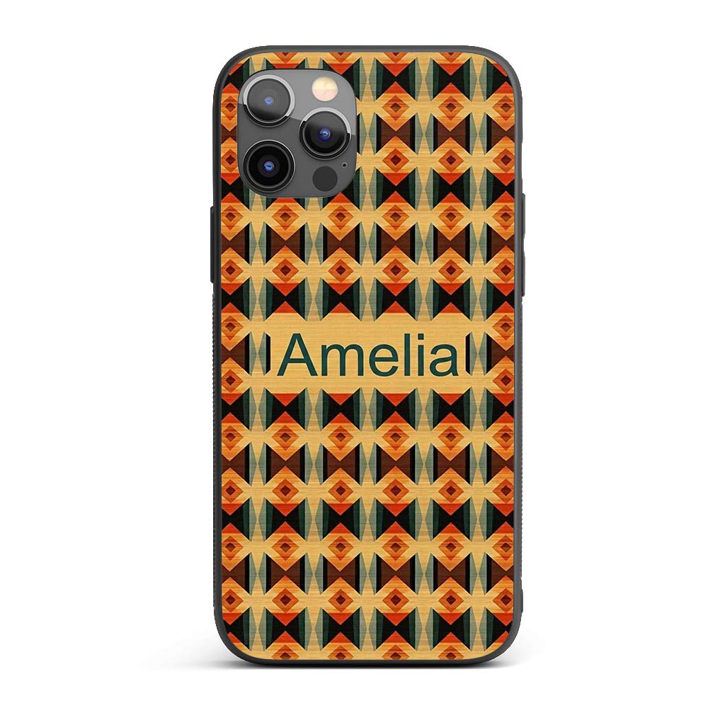Geometric Diamond Pattern in Orange Brown and Custom Name Protective Phone Case Mobile Cover Durable Everyday Smartphone Shock Resistant