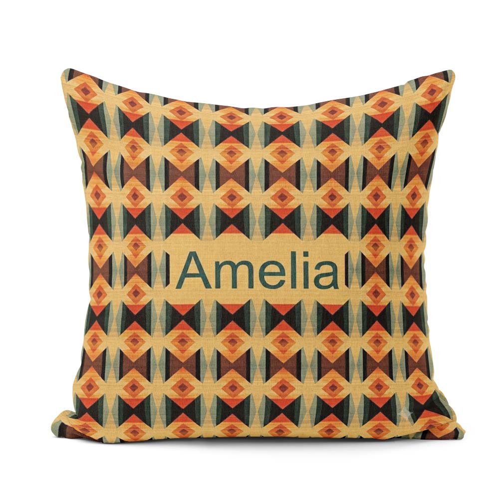 Custom Name Geometric Diamond in Orange Brown and Green Seamless Square Filled Cushion Throw Pillow Sofa Bed Home Decor Zip Washable UK Made