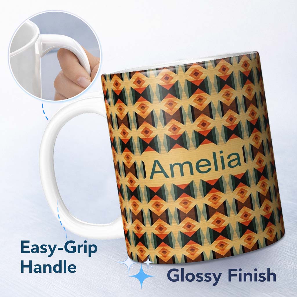 Personalized Custom Name Geometric Diamond Pattern in Orange Brown and Green Seamless Design 11oz Ceramic Coffee Tea Mug White Large Handle