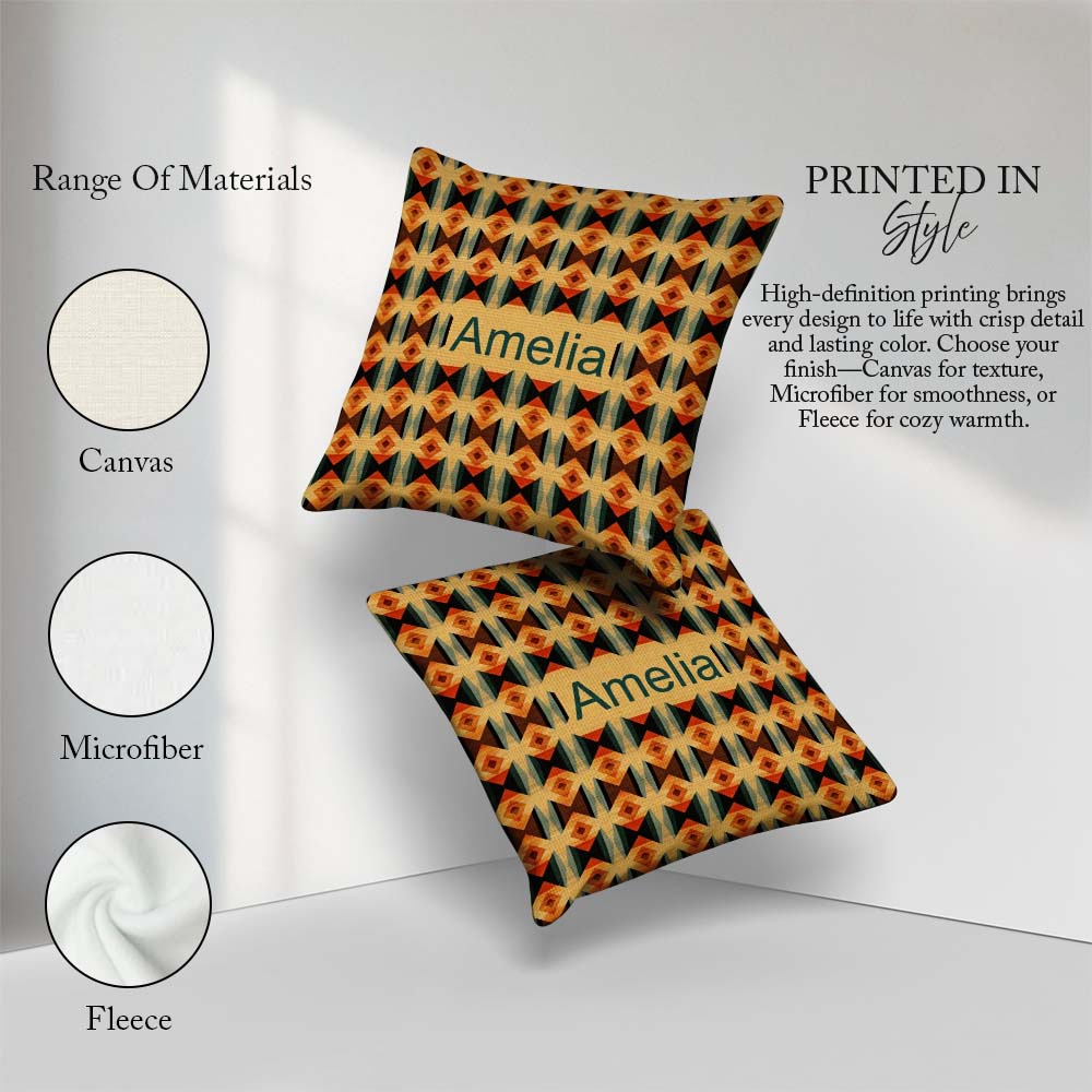 Custom Name Geometric Diamond in Orange Brown and Green Seamless Square Filled Cushion Throw Pillow Sofa Bed Home Decor Zip Washable UK Made