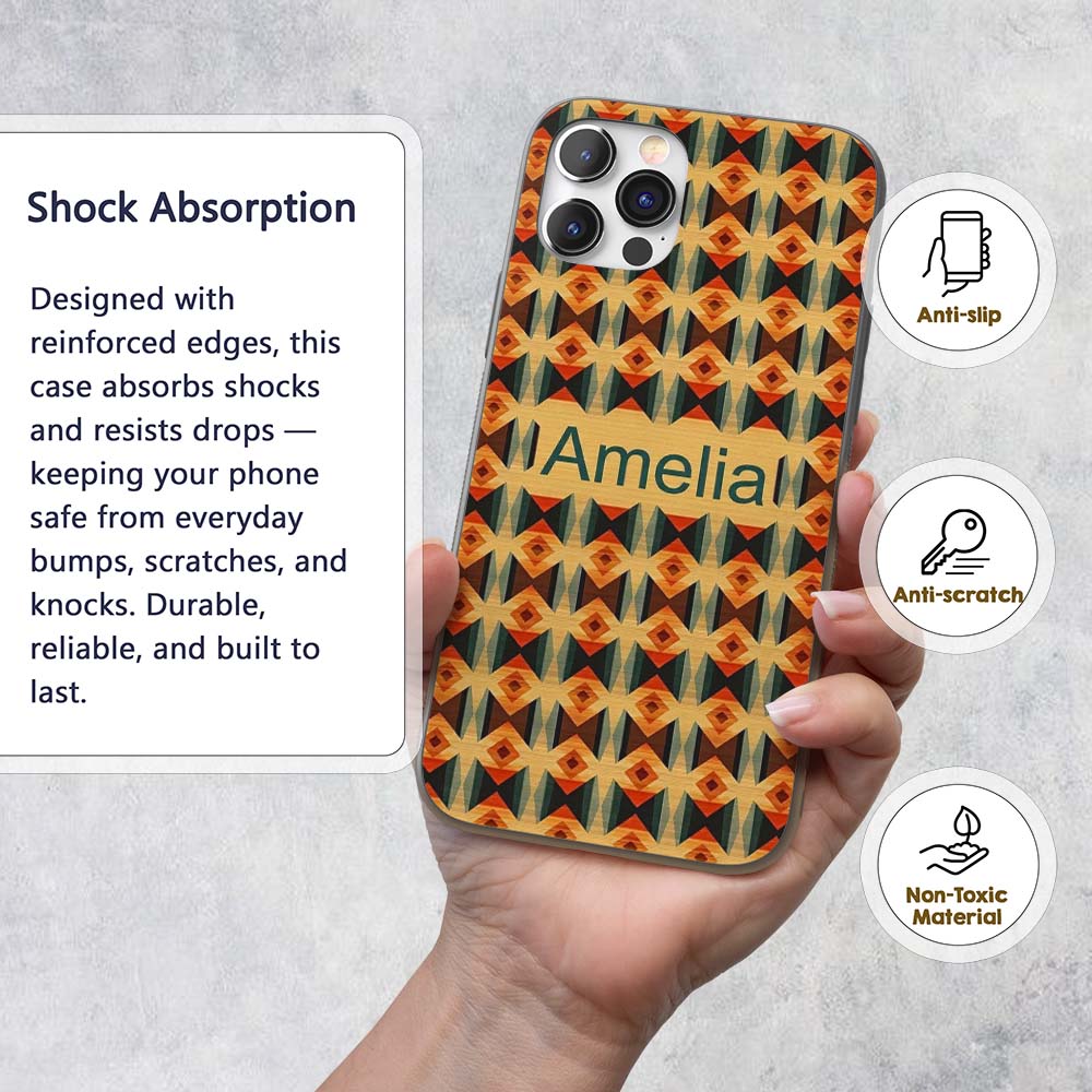 Geometric Diamond Pattern in Orange Brown and Custom Name Protective Phone Case Mobile Cover Durable Everyday Smartphone Shock Resistant