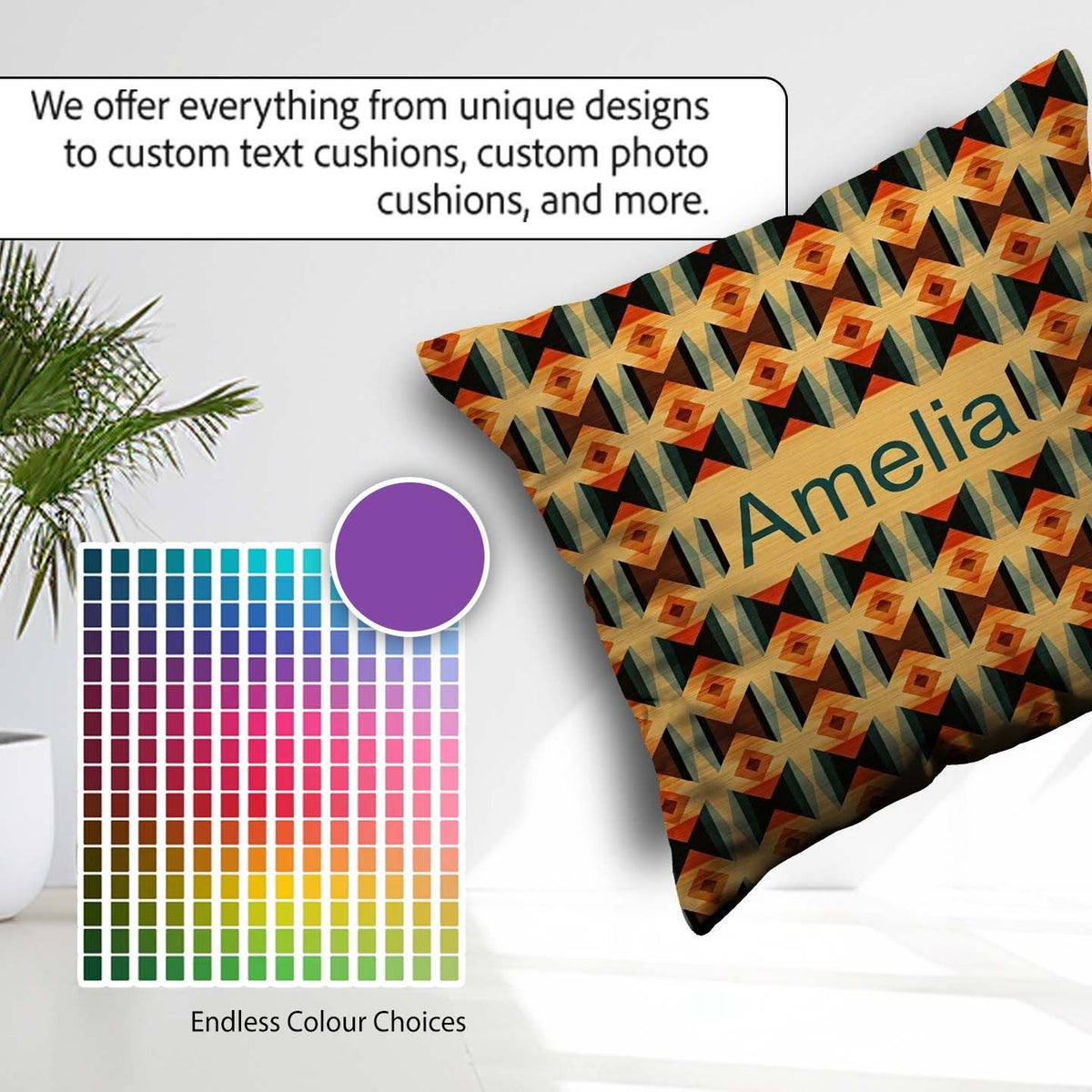 Custom Name Geometric Diamond in Orange Brown and Green Seamless Square Filled Cushion Throw Pillow Sofa Bed Home Decor Zip Washable UK Made