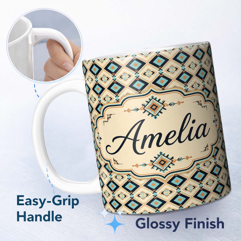 Personalized Custom Name Mid Century Diamond Pattern in Blue Beige and Black Seamless Design 11oz Ceramic Coffee Tea Mug White Large Handle