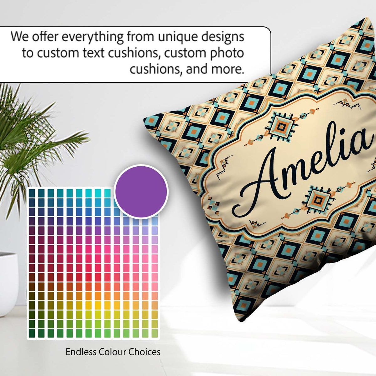 Custom Name Mid Century Diamond in Blue Beige and Black Seamless Square Filled Cushion Throw Pillow Sofa Bed Home Decor Zip Washable UK Made