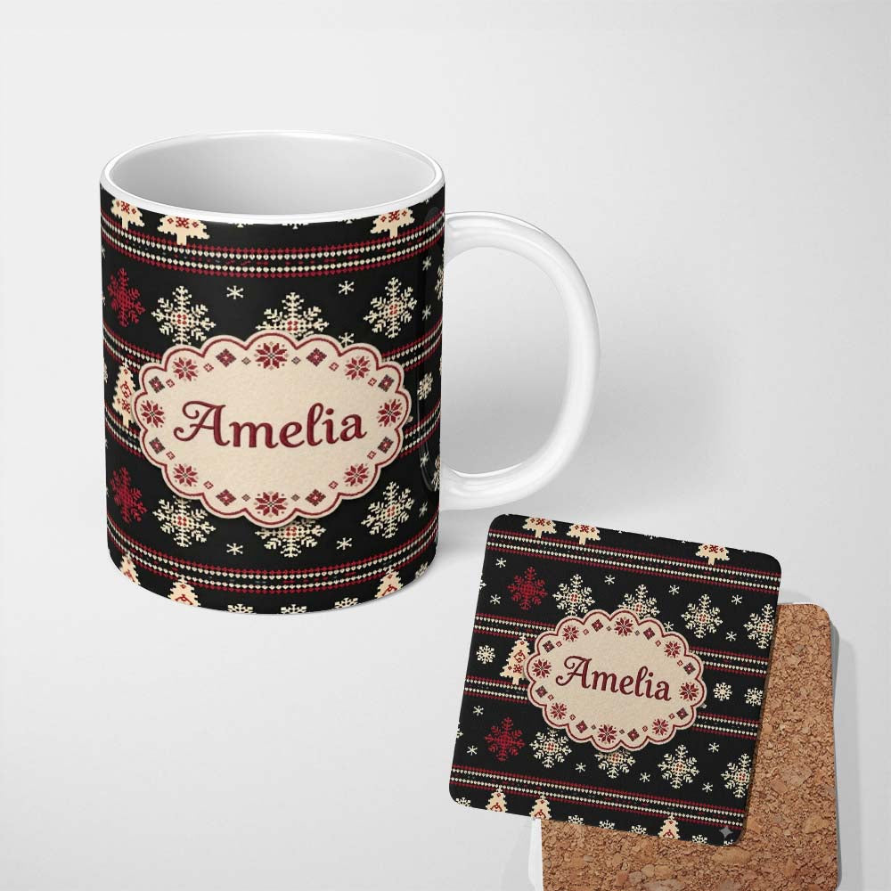 Personalized Custom Name Cute Nordic Snowflake Christmas Tree Pattern Winter Seamless Pattern 11oz Ceramic Coffee Tea Mug White Large Handle