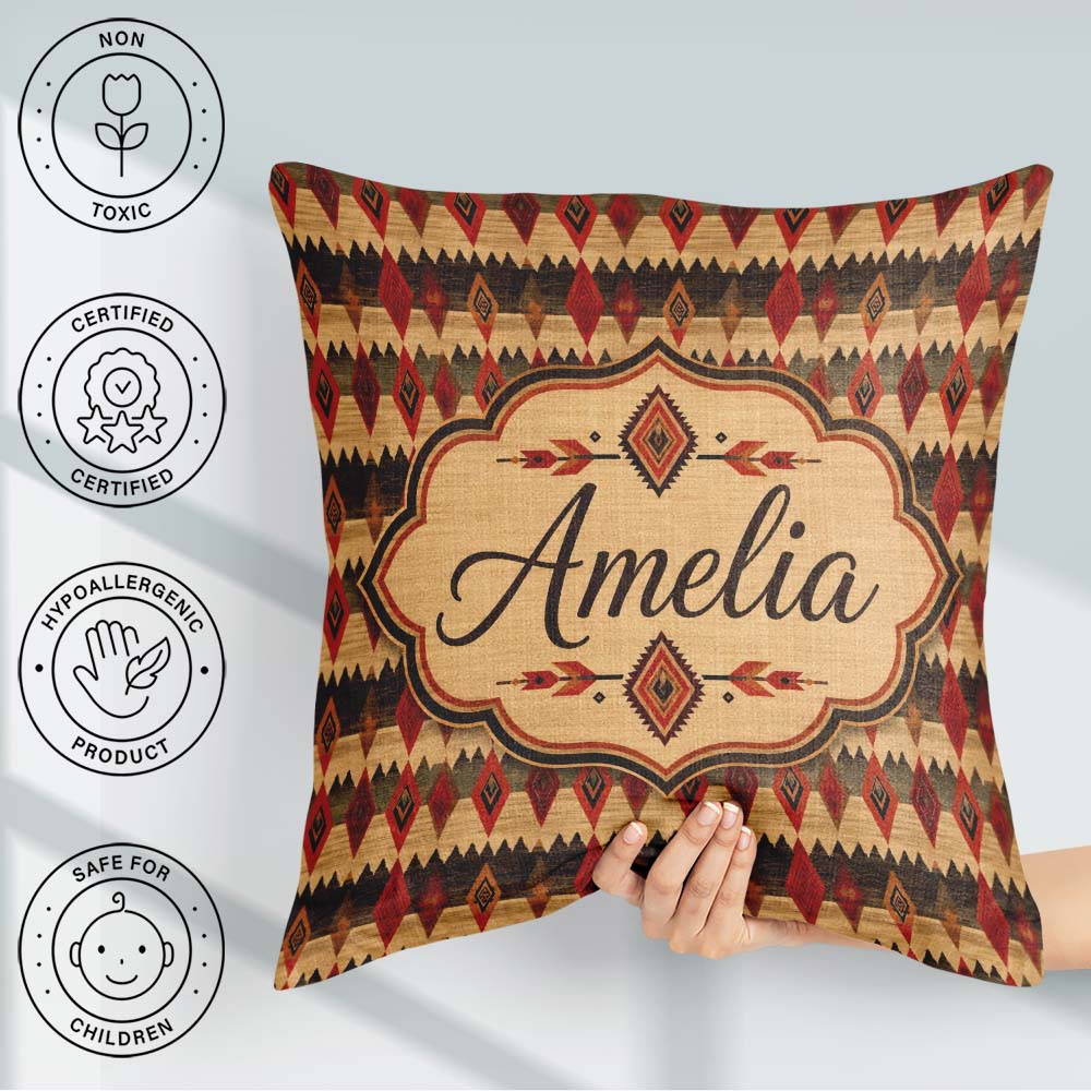 Custom Name Rustic Tribal Diamond Pattern in Red Earthy Seamless Square Filled Cushion Throw Pillow Sofa Bed Home Decor Zip Washable UK Made