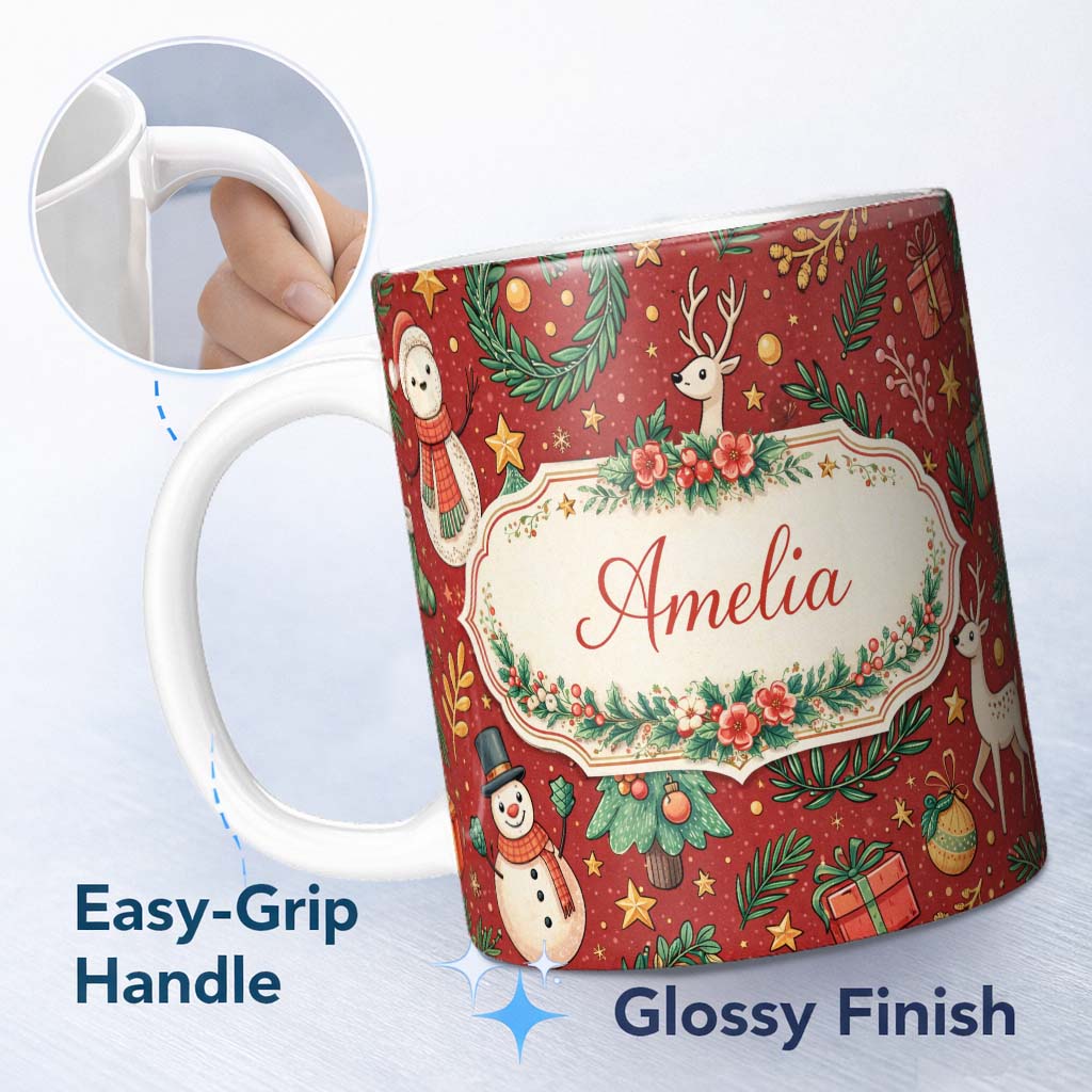 Personalized Custom Name Winter Holiday Snowman Reindeer Wreath Seamless Pattern Lovely 11oz Ceramic Coffee Tea Mug White Large Handle