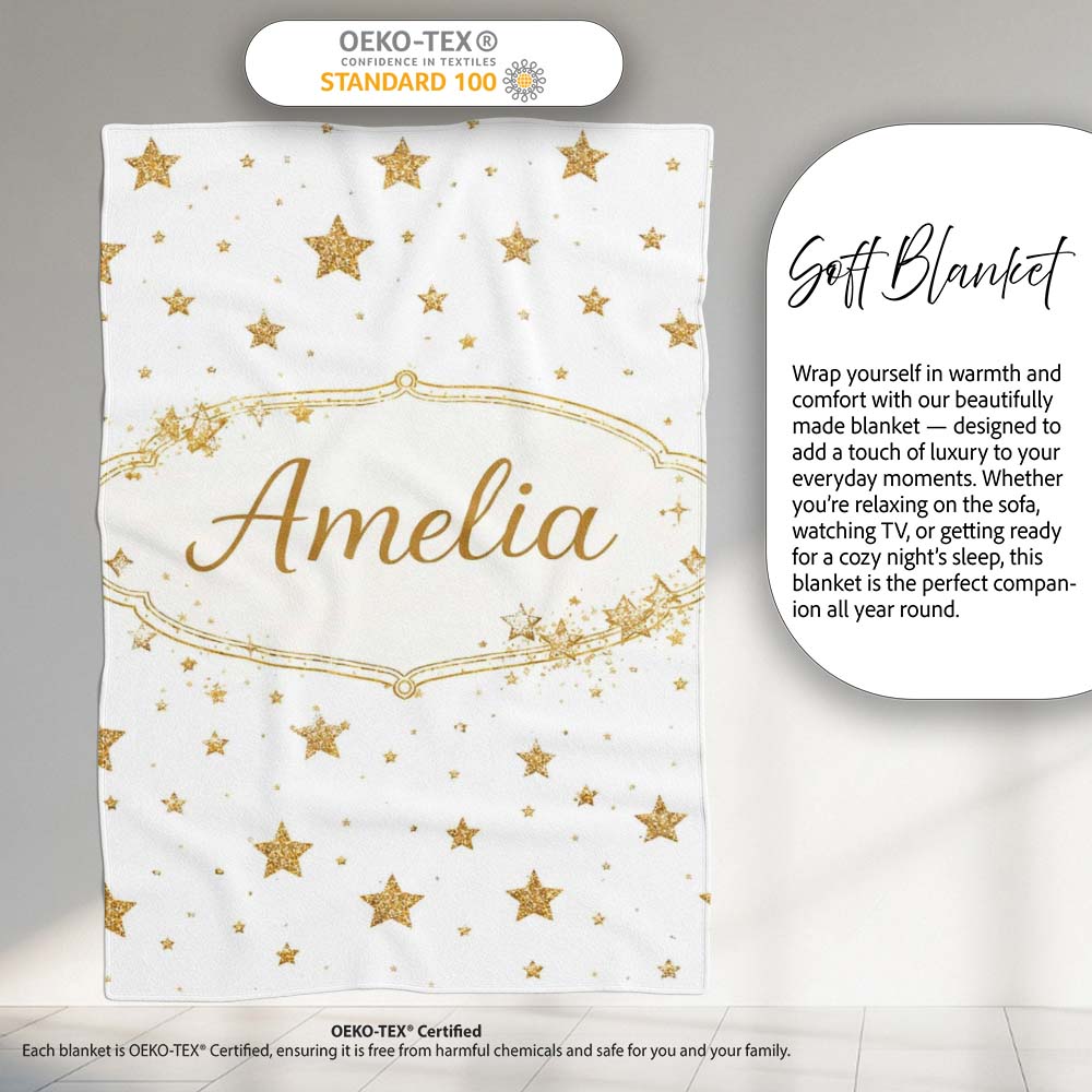 Gold Glitter Stars on White Seamless Pattern Stylish Everyday Personalised Custom Name Super Soft Fleece Blanket Bed Sofa Throw