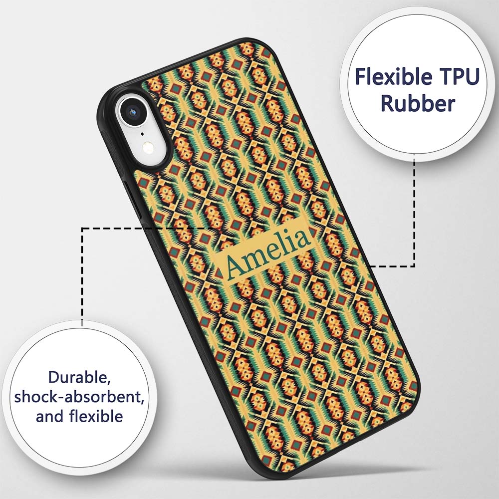 Southwest Inspired Pattern in Green Yellow and Custom Name Protective Phone Case Mobile Cover Durable Everyday Smartphone Shock Resistant