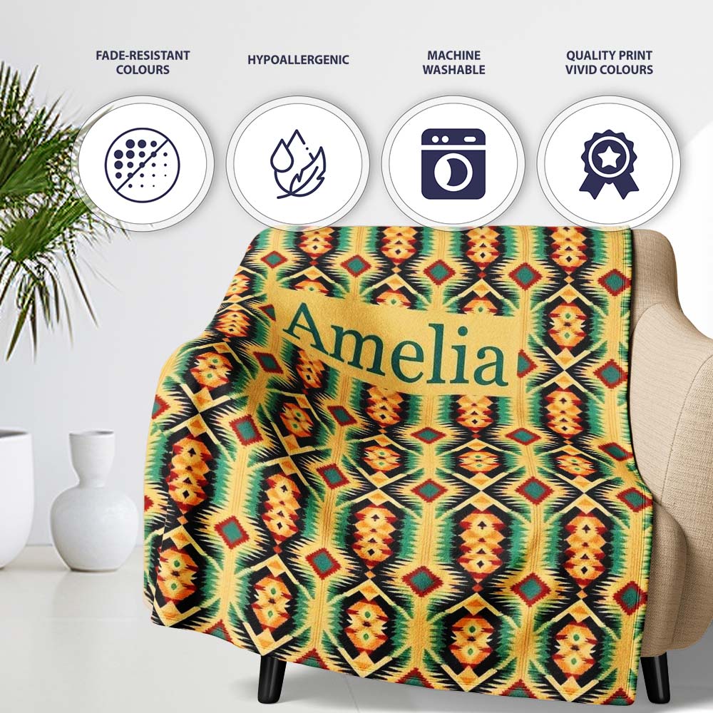 Southwest Inspired Pattern in Green Yellow and Red Seamless Design Personalised Custom Name Super Soft Fleece Blanket Bed Sofa Throw