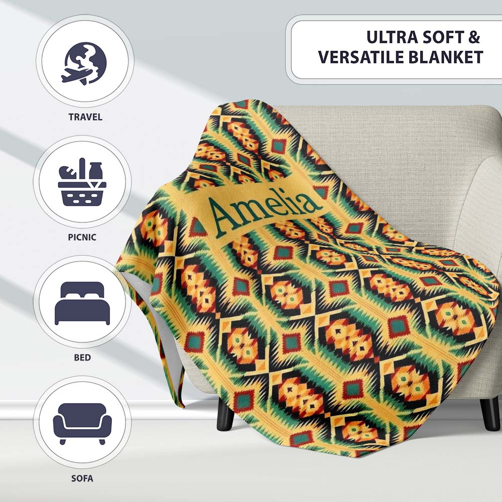 Southwest Inspired Pattern in Green Yellow and Red Seamless Design Personalised Custom Name Super Soft Fleece Blanket Bed Sofa Throw