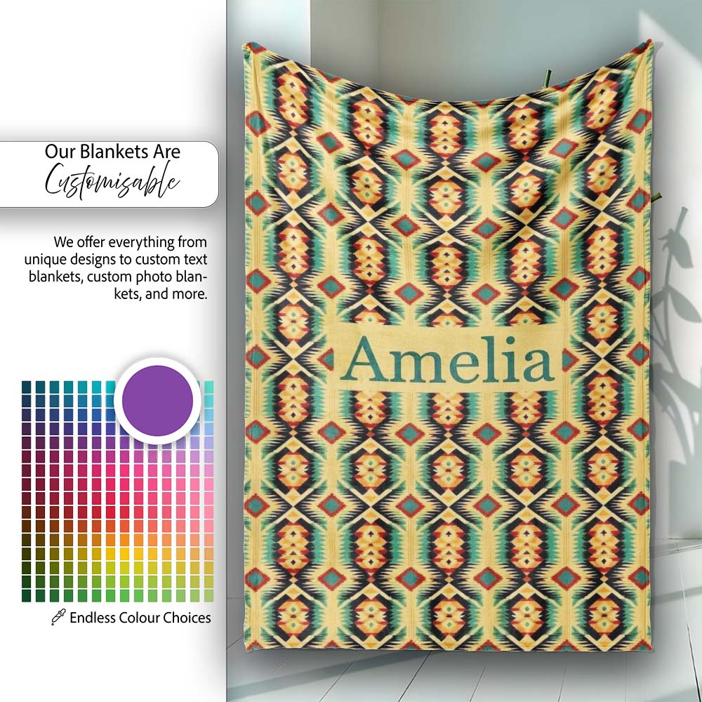 Southwest Inspired Pattern in Green Yellow and Red Seamless Design Personalised Custom Name Super Soft Fleece Blanket Bed Sofa Throw
