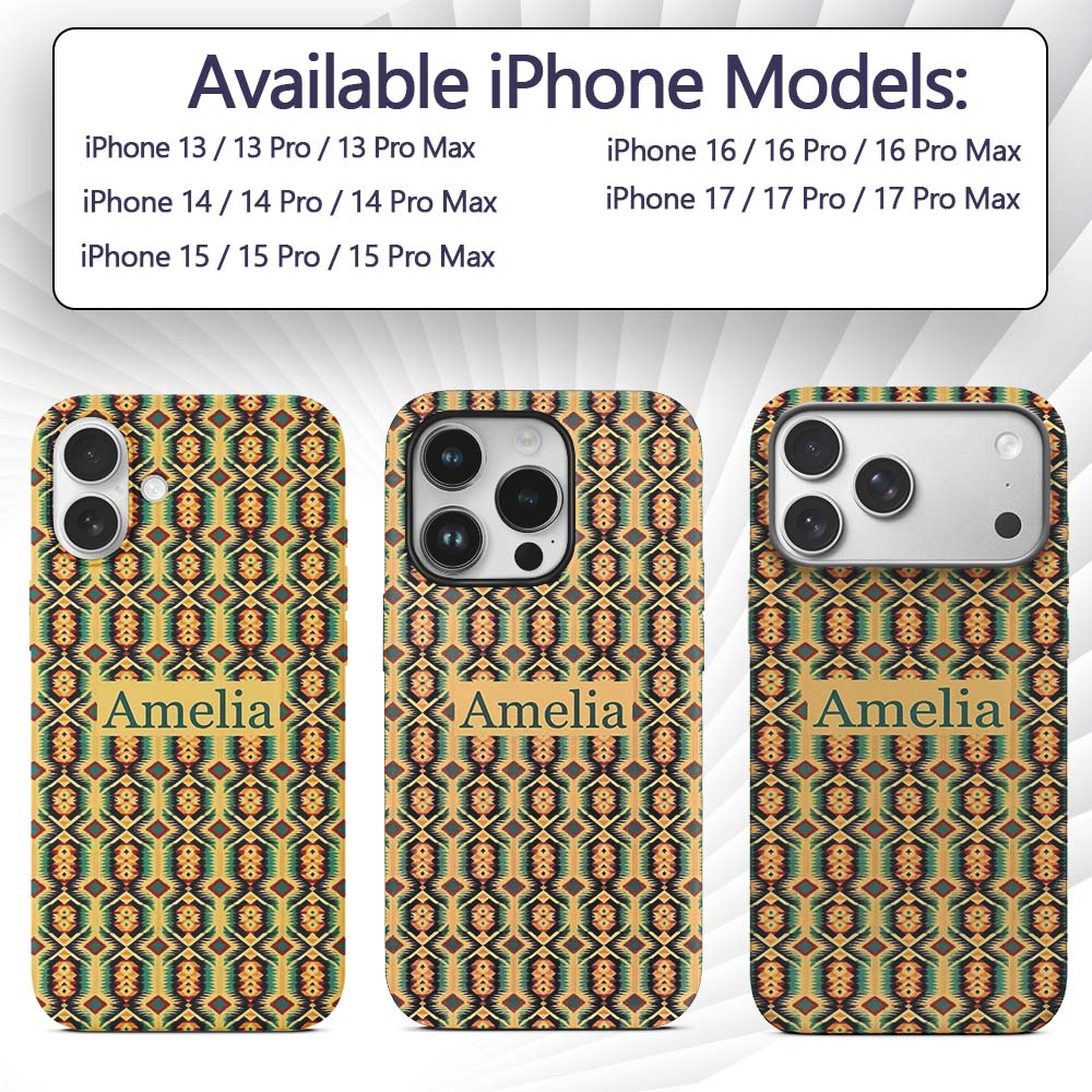 Southwest Inspired Pattern in Green Yellow and Custom Name Protective Phone Case Mobile Cover Durable Everyday Smartphone Shock Resistant