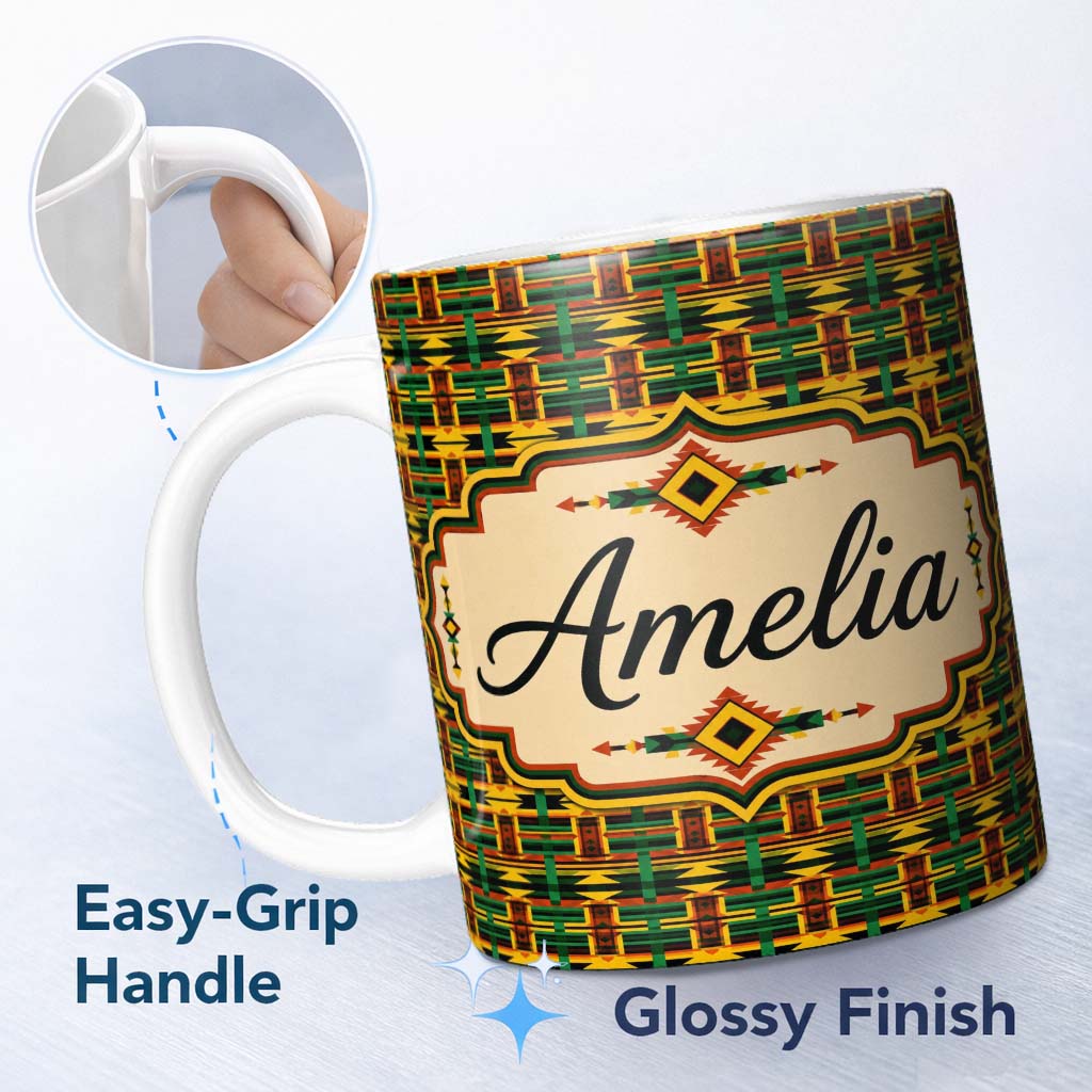 Personalized Custom Name Bold African Inspired Stripe Pattern in Green Yellow and Red 11oz Ceramic Coffee Tea Mug White Large Handle