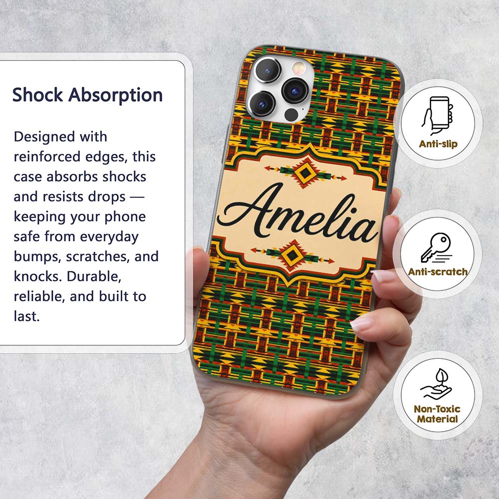 Bold African Inspired Stripe Pattern in Green Custom Name Protective Phone Case Mobile Cover Durable Everyday Smartphone Shock Resistant