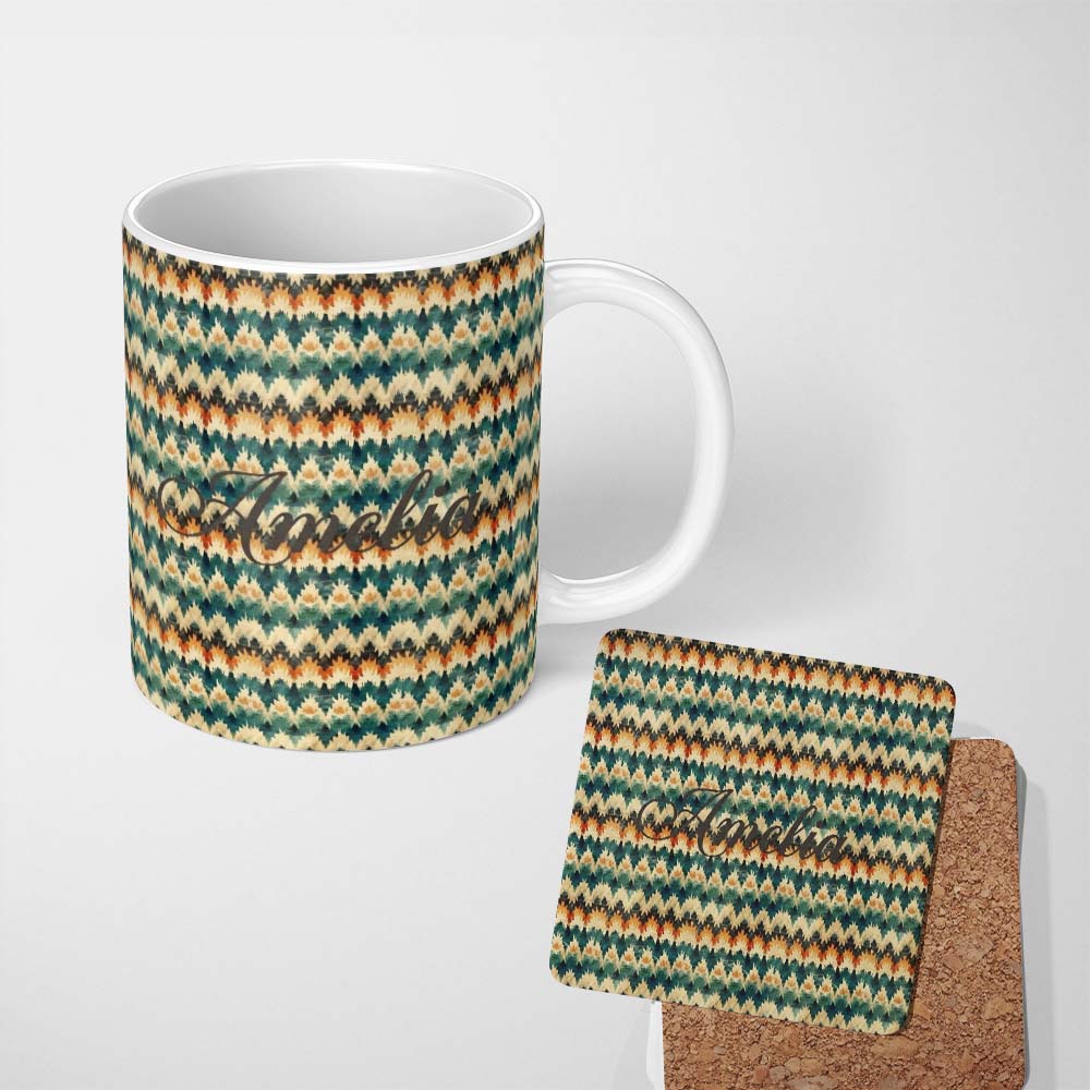 Personalized Custom Name Abstract Watercolor Stripe Pattern in Teal Orange and Cream 11oz Ceramic Coffee Tea Mug White Large Handle