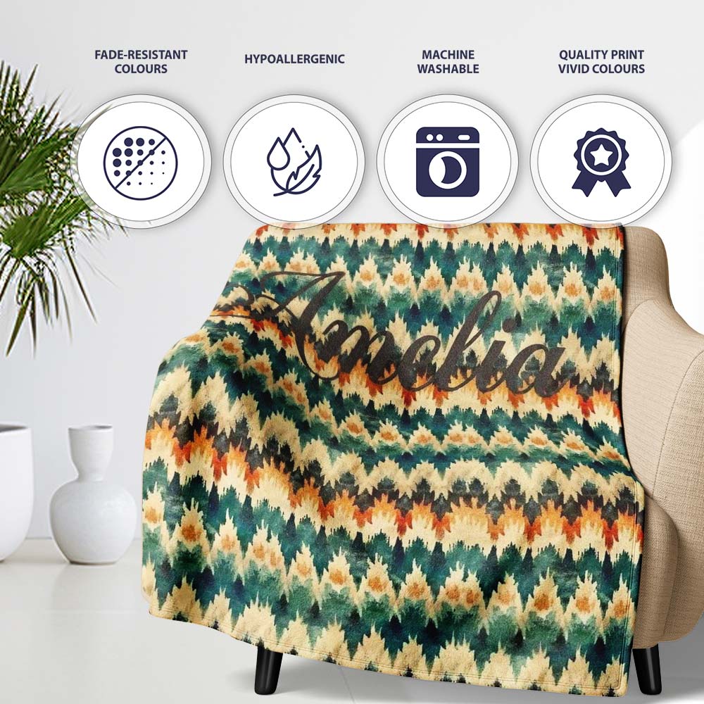 Abstract Watercolor Stripe Pattern in Teal Orange and Cream Personalised Custom Name Super Soft Fleece Blanket Bed Sofa Throw