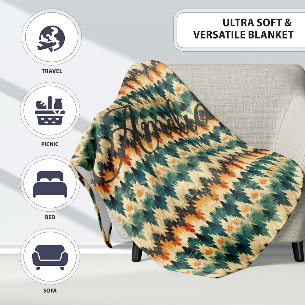 Abstract Watercolor Stripe Pattern in Teal Orange and Cream Personalised Custom Name Super Soft Fleece Blanket Bed Sofa Throw