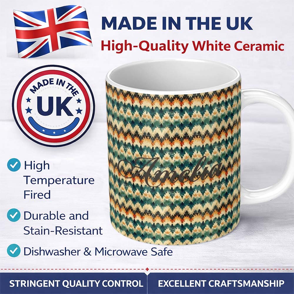 Personalized Custom Name Abstract Watercolor Stripe Pattern in Teal Orange and Cream 11oz Ceramic Coffee Tea Mug White Large Handle