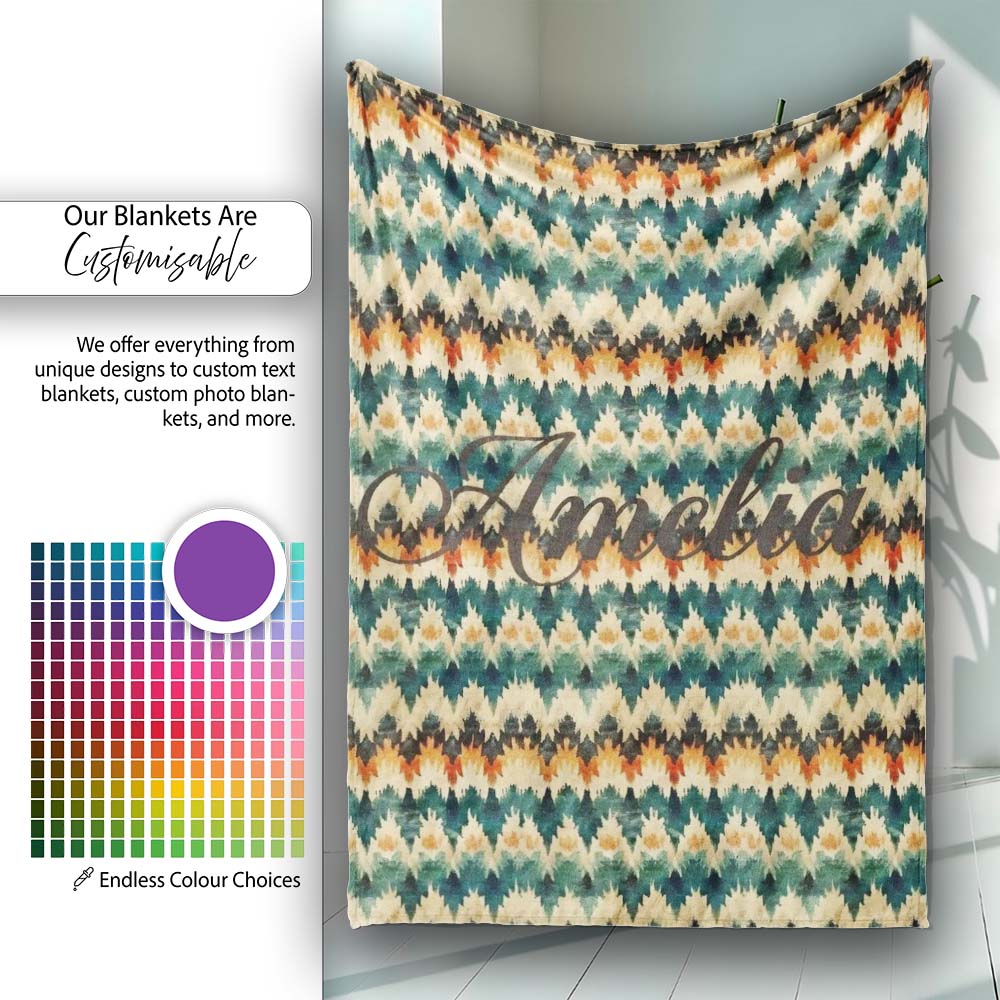 Abstract Watercolor Stripe Pattern in Teal Orange and Cream Personalised Custom Name Super Soft Fleece Blanket Bed Sofa Throw
