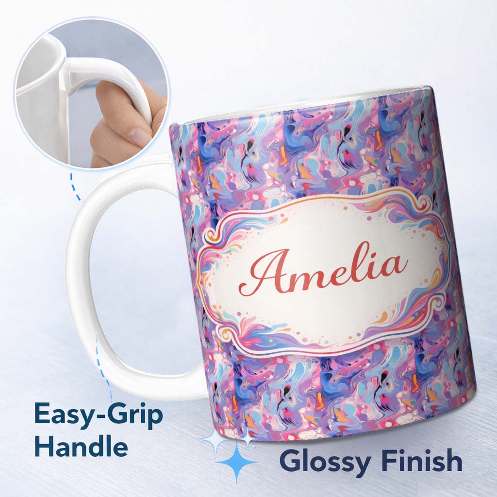Personalized Custom Name Light Aqua Marble Vein Gold Effect Abstract Pattern Cute Unique Gift 11oz Ceramic Coffee Tea Mug White Large Handle