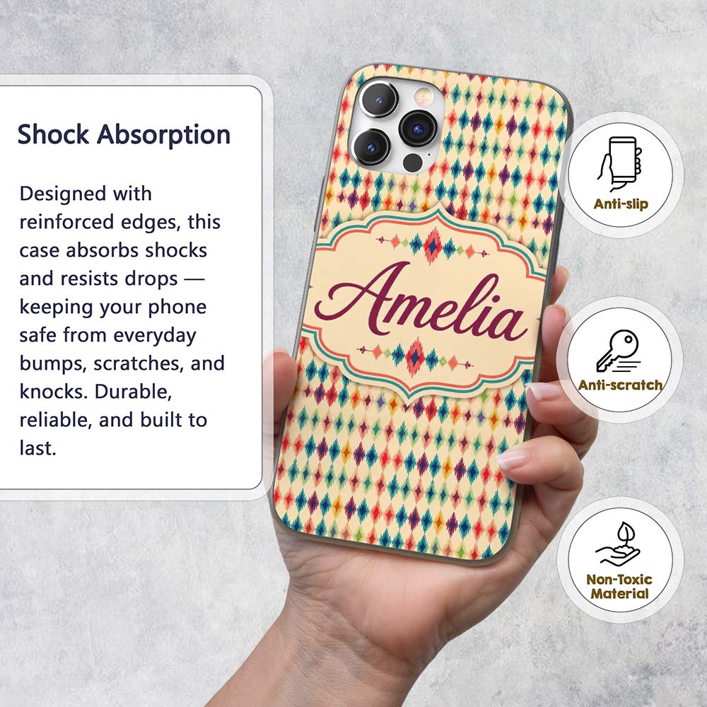 Colorful Ikat Diamond Pattern on Beige Background Custom Name Protective Phone Case Mobile Cover Durable Everyday Smartphone Shock Resistant