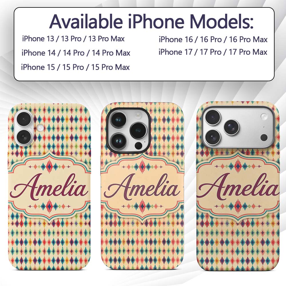 Colorful Ikat Diamond Pattern on Beige Background Custom Name Protective Phone Case Mobile Cover Durable Everyday Smartphone Shock Resistant
