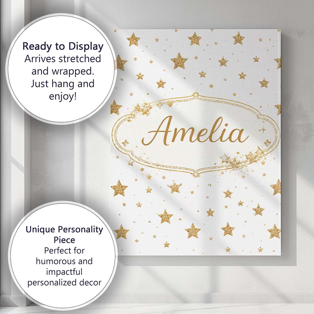 Personalised Name Gold Glitter Stars on White Seamless Pattern Custom Modern Room Accent Canvas Wall Art Print Decor Picture Ready to Hang