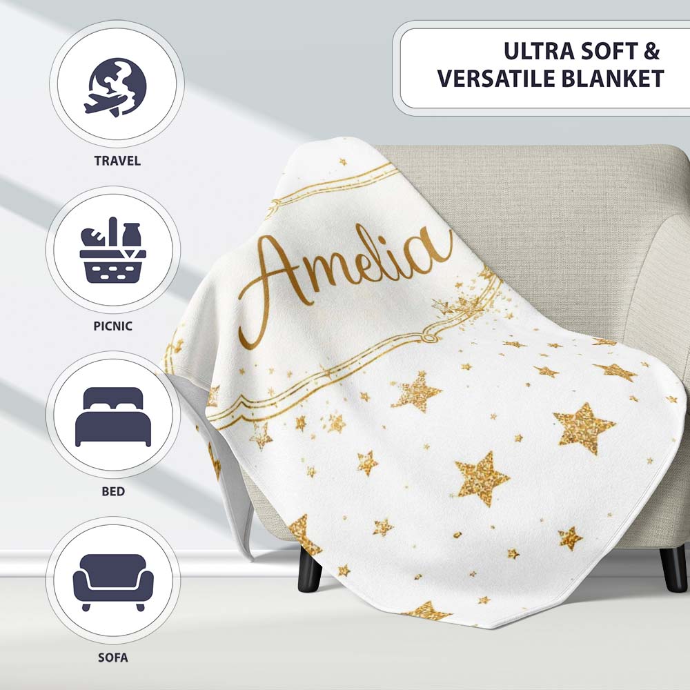 Gold Glitter Stars on White Seamless Pattern Stylish Everyday Personalised Custom Name Super Soft Fleece Blanket Bed Sofa Throw