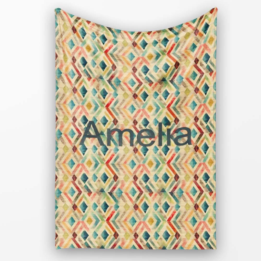 Abstract Geometric Diamond Pattern in Soft Multicolor Tones Personalised Custom Name Super Soft Fleece Blanket Bed Sofa Throw