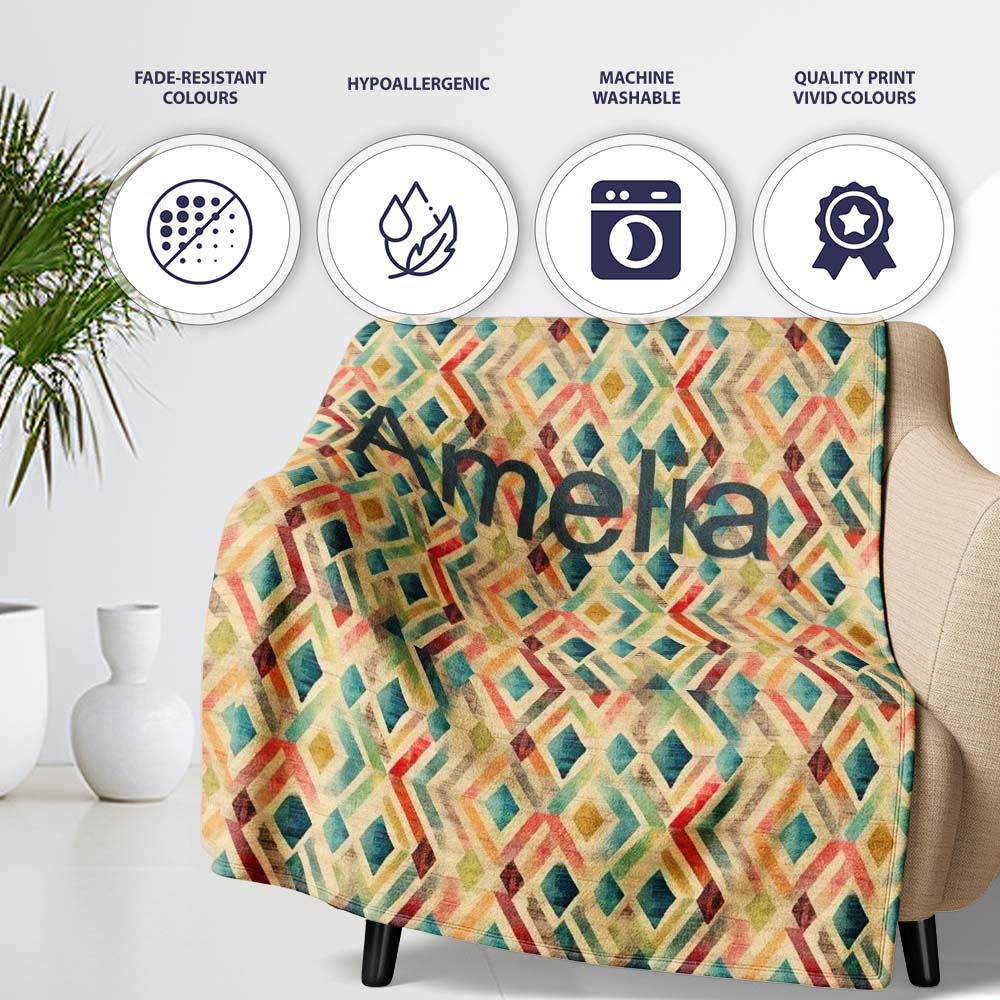 Abstract Geometric Diamond Pattern in Soft Multicolor Tones Personalised Custom Name Super Soft Fleece Blanket Bed Sofa Throw
