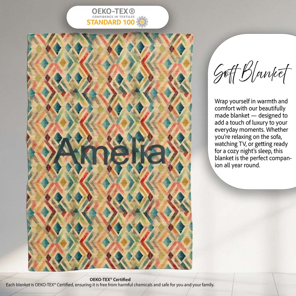Abstract Geometric Diamond Pattern in Soft Multicolor Tones Personalised Custom Name Super Soft Fleece Blanket Bed Sofa Throw