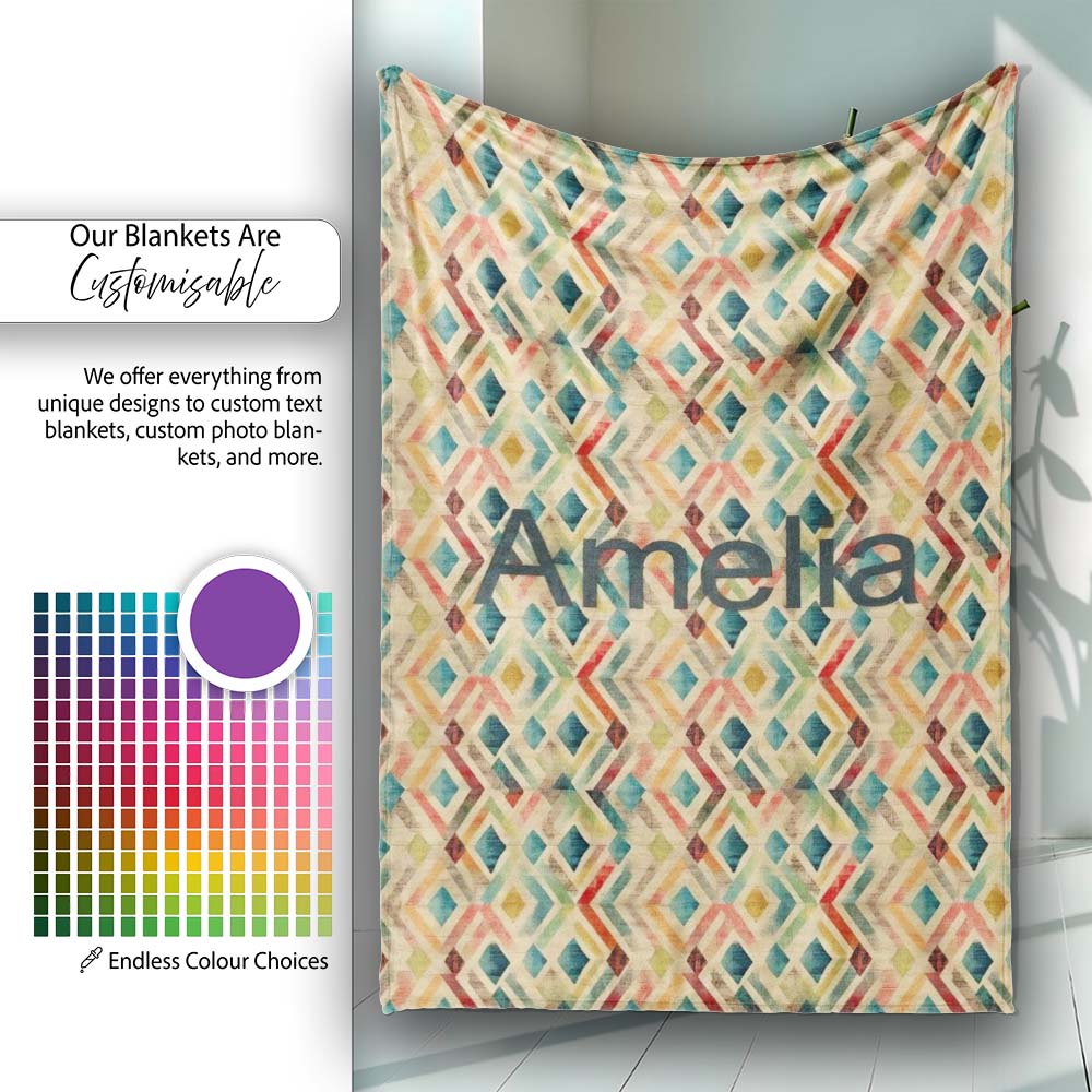 Abstract Geometric Diamond Pattern in Soft Multicolor Tones Personalised Custom Name Super Soft Fleece Blanket Bed Sofa Throw