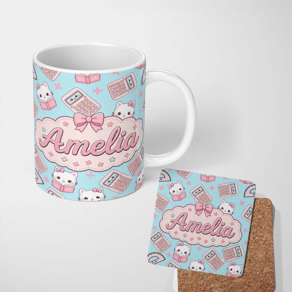 Personalized Custom Name Cute Kawaii Maths Cat Calculator Ruler Seamless Pattern Blue Lovely 11oz Ceramic Coffee Tea Mug White Large Handle