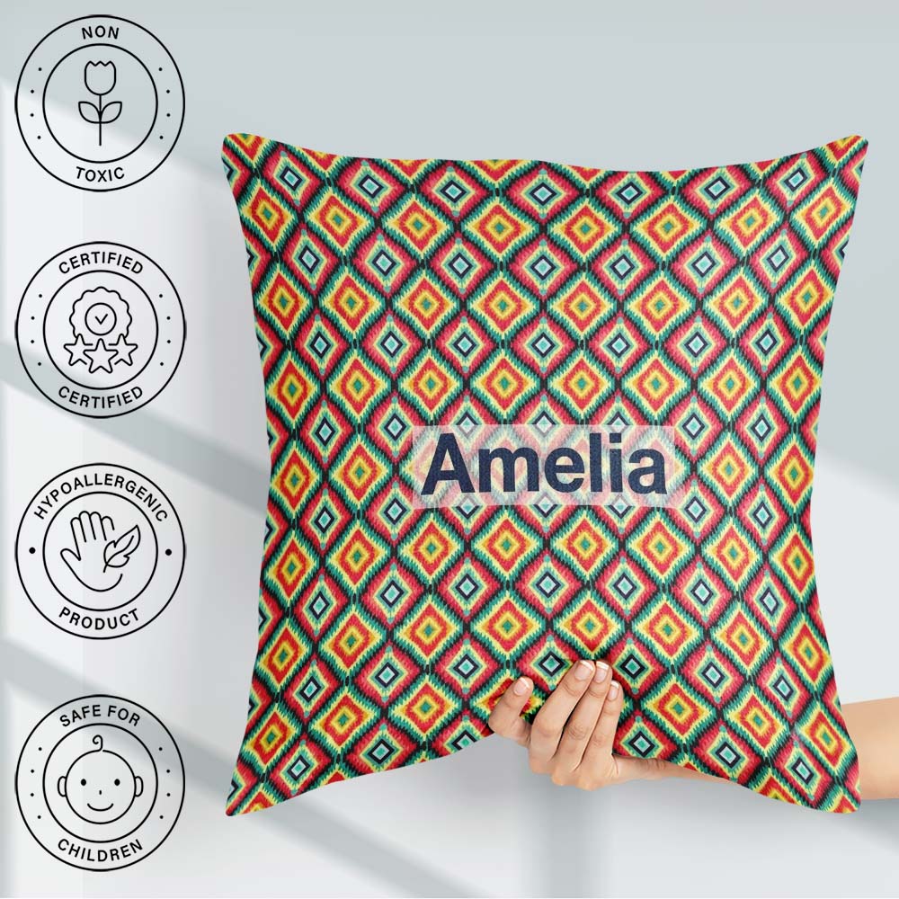 Custom Name Bold Tribal Diamond Pattern in Vibrant Teal Seamless Square Filled Cushion Throw Pillow Sofa Bed Home Decor Zip Washable UK Made
