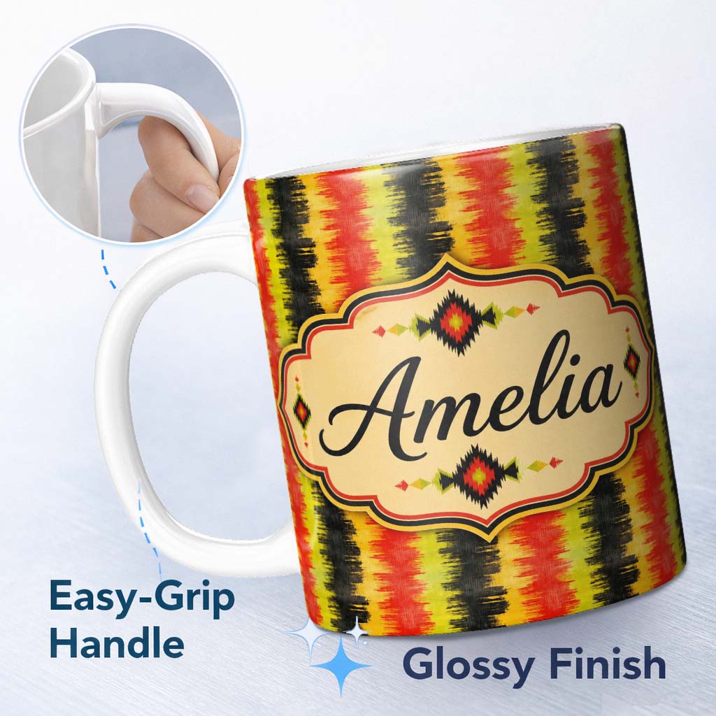 Personalized Custom Name Rough Brush Stripe Pattern in Red Yellow and Black Seamless Name 11oz Ceramic Coffee Tea Mug White Large Handle