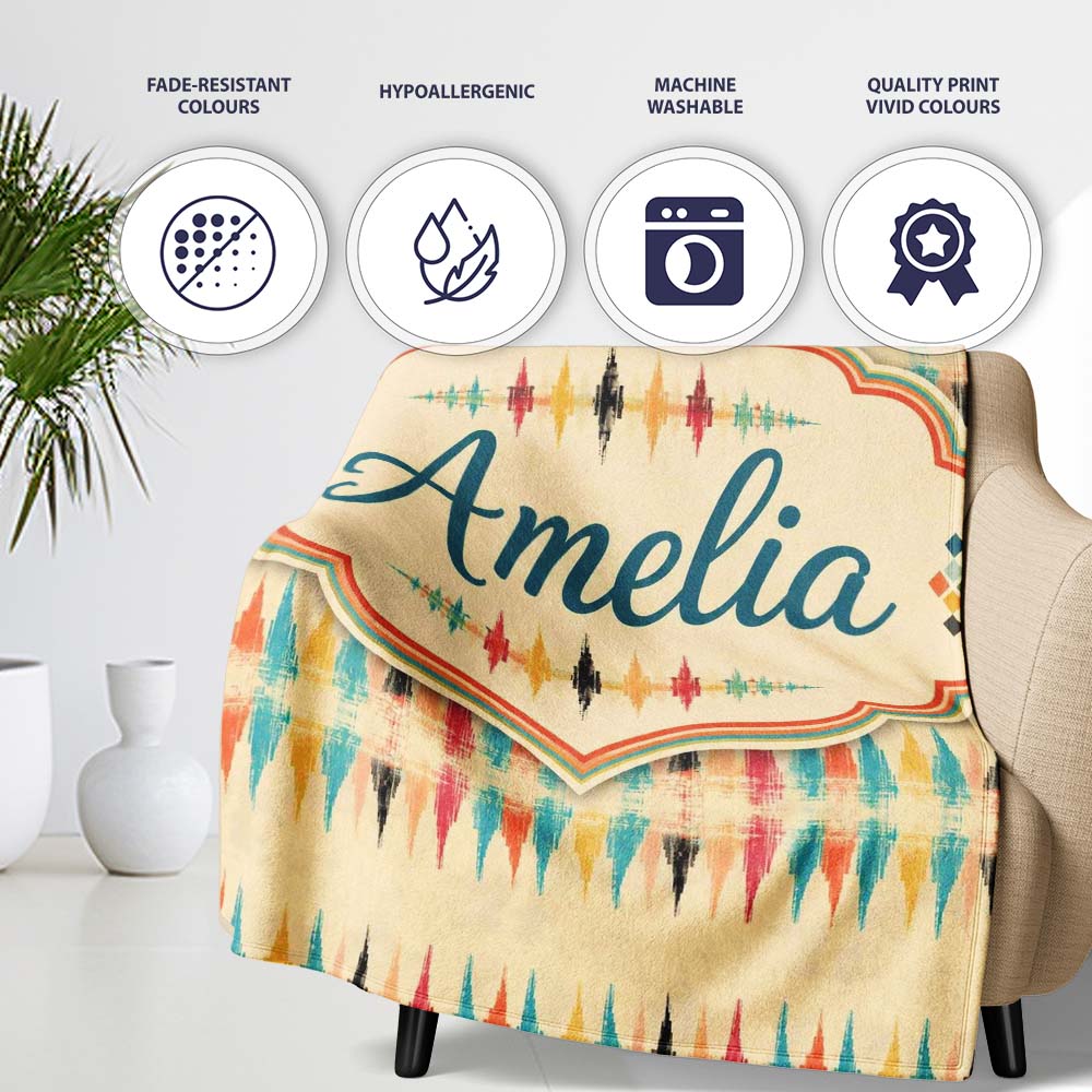 Soft Ikat Stripe Pattern in Multicolor on Beige Seamless Name Cute Personalised Custom Name Super Soft Fleece Blanket Bed Sofa Throw