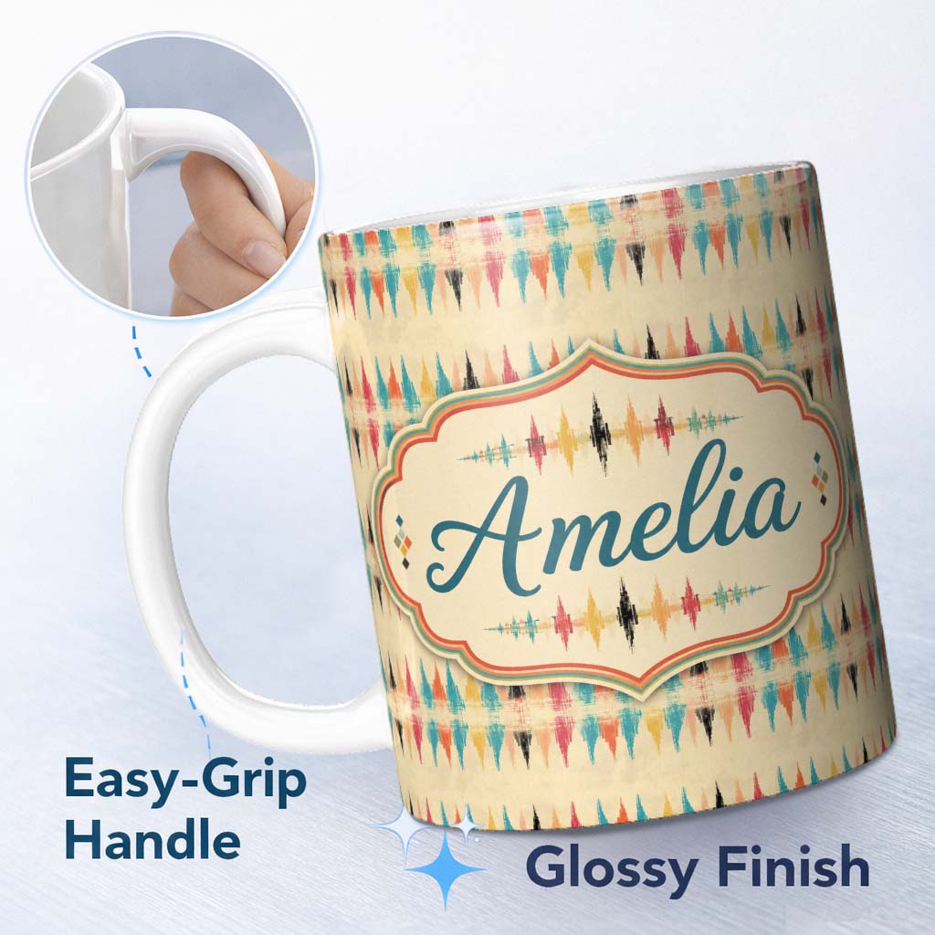 Personalized Custom Name Soft Ikat Stripe Pattern in Multicolor on Beige Seamless Name Cute 11oz Ceramic Coffee Tea Mug White Large Handle