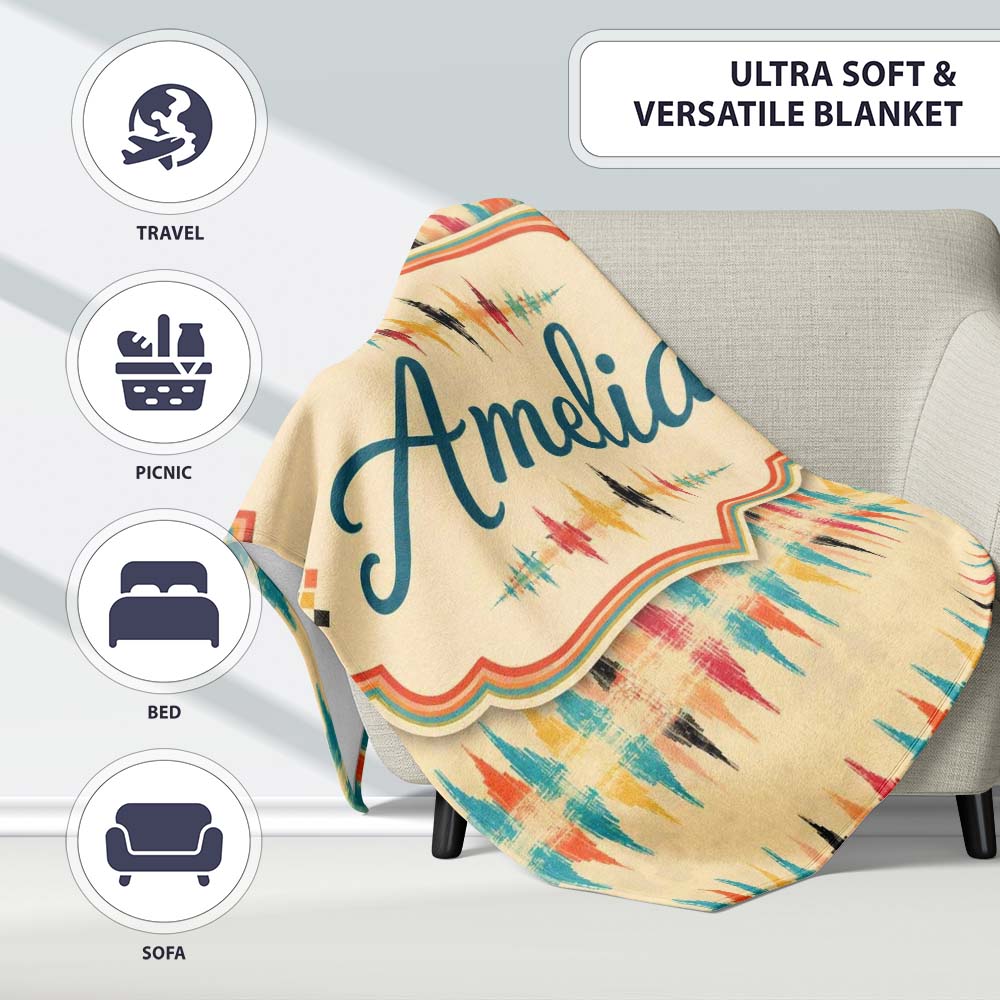 Soft Ikat Stripe Pattern in Multicolor on Beige Seamless Name Cute Personalised Custom Name Super Soft Fleece Blanket Bed Sofa Throw