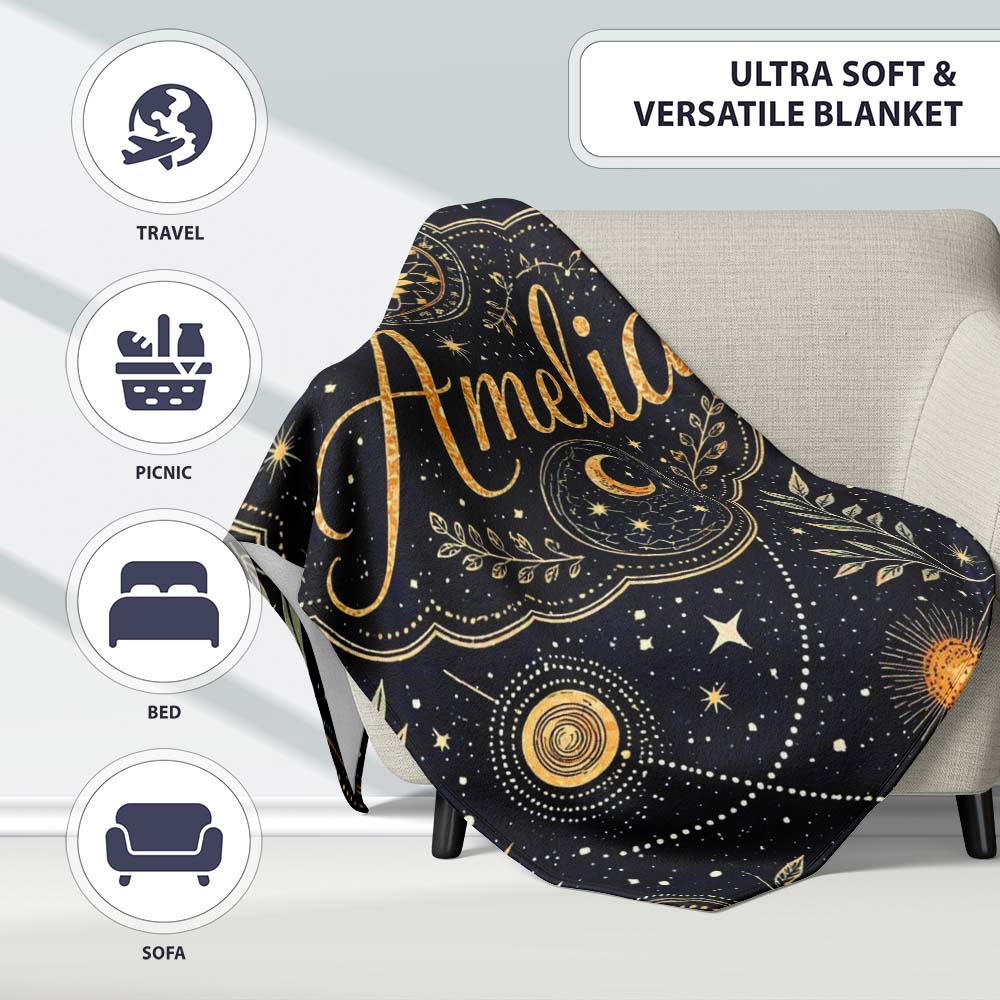 Celestial Zodiac Constellation Botanical Night Seamless Pattern Personalised Custom Name Super Soft Fleece Blanket Bed Sofa Throw