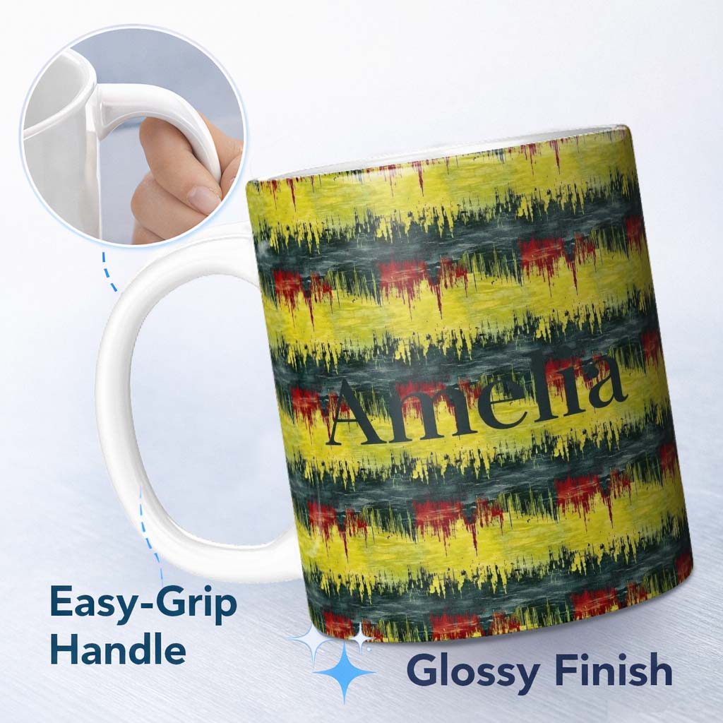 Personalized Custom Name Grunge Paint Stroke Pattern in Yellow Red and Black Seamless Name 11oz Ceramic Coffee Tea Mug White Large Handle