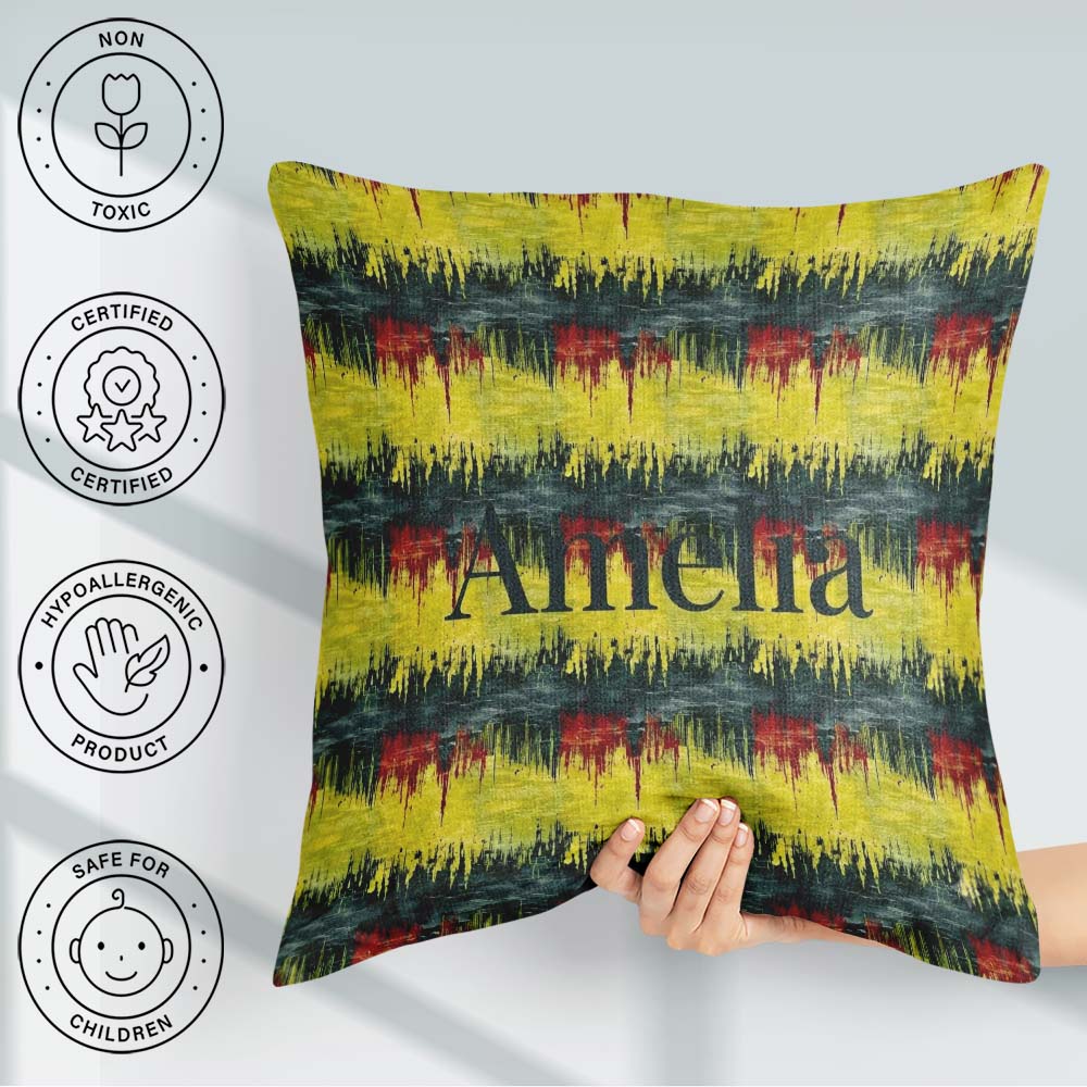 Custom Name Grunge Paint Stroke in Yellow Red and Black Seamless Square Filled Cushion Throw Pillow Sofa Bed Home Decor Zip Washable UK Made