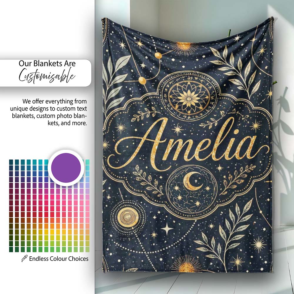Celestial Zodiac Constellation Botanical Night Seamless Pattern Personalised Custom Name Super Soft Fleece Blanket Bed Sofa Throw