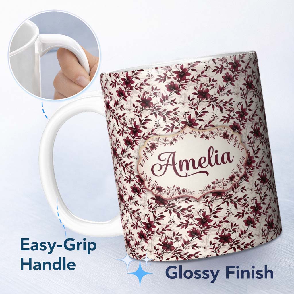 Personalized Custom Name Elegant Burgundy Floral Pattern on Light Background Seamless Name 11oz Ceramic Coffee Tea Mug White Large Handle