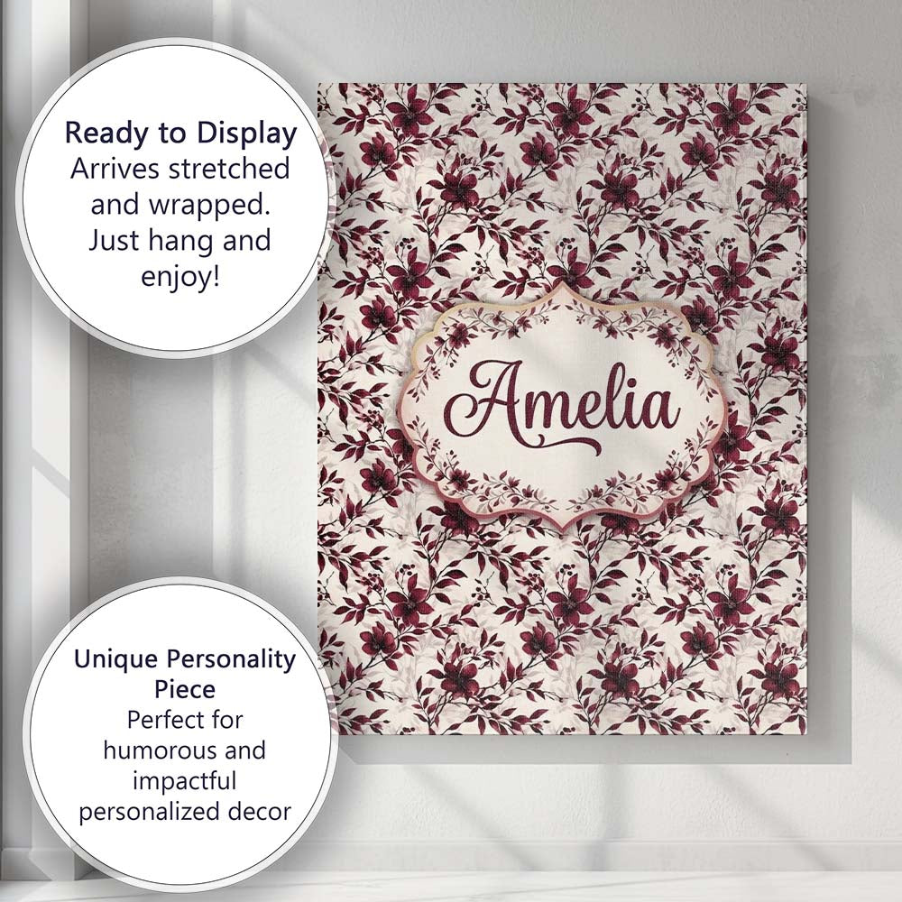 Personalised Name Elegant Burgundy Floral Custom Bespoke Decorative Contemporary Canvas Wall Art Print Decor Picture Ready to Hang