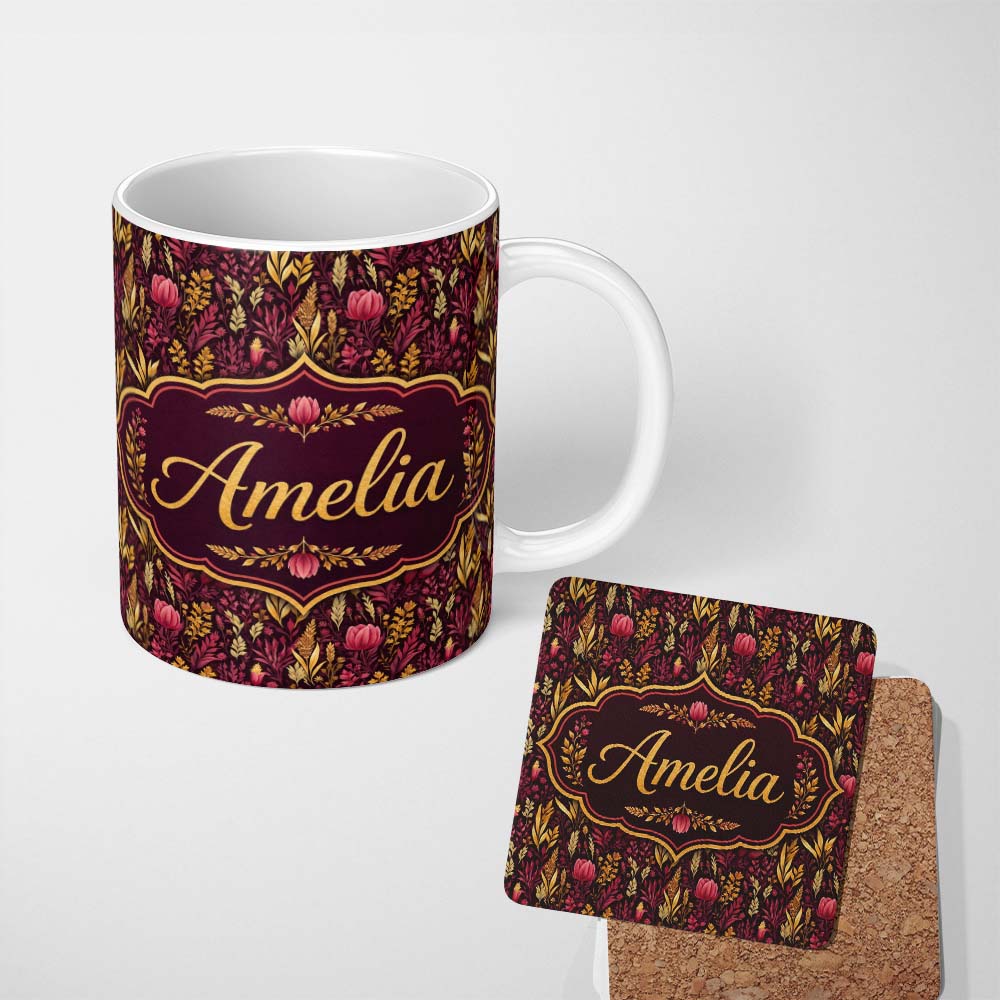 Personalized Custom Name Dark Botanical Floral Pattern in Red and Gold Seamless Name Cute 11oz Ceramic Coffee Tea Mug White Large Handle