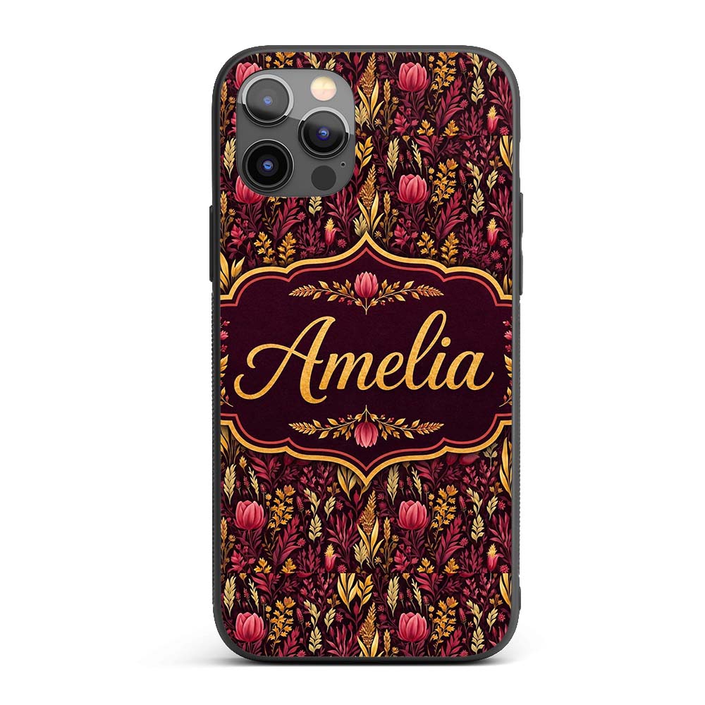 Dark Botanical Floral Pattern in Red and Gold Custom Name Protective Phone Case Mobile Cover Durable Everyday Smartphone Shock Resistant