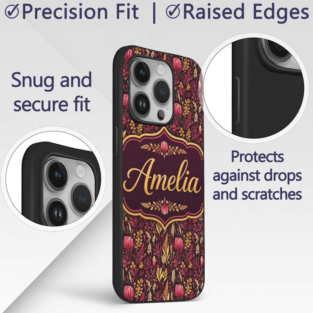 Dark Botanical Floral Pattern in Red and Gold Custom Name Protective Phone Case Mobile Cover Durable Everyday Smartphone Shock Resistant