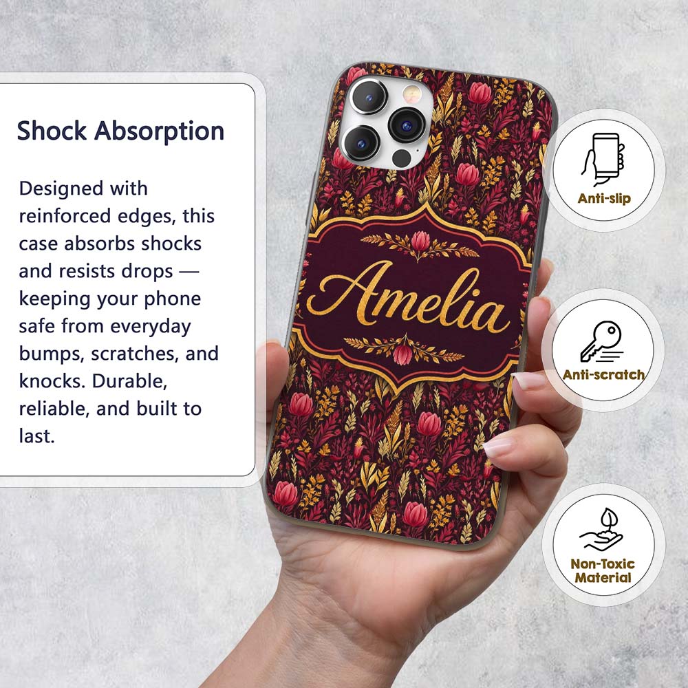 Dark Botanical Floral Pattern in Red and Gold Custom Name Protective Phone Case Mobile Cover Durable Everyday Smartphone Shock Resistant