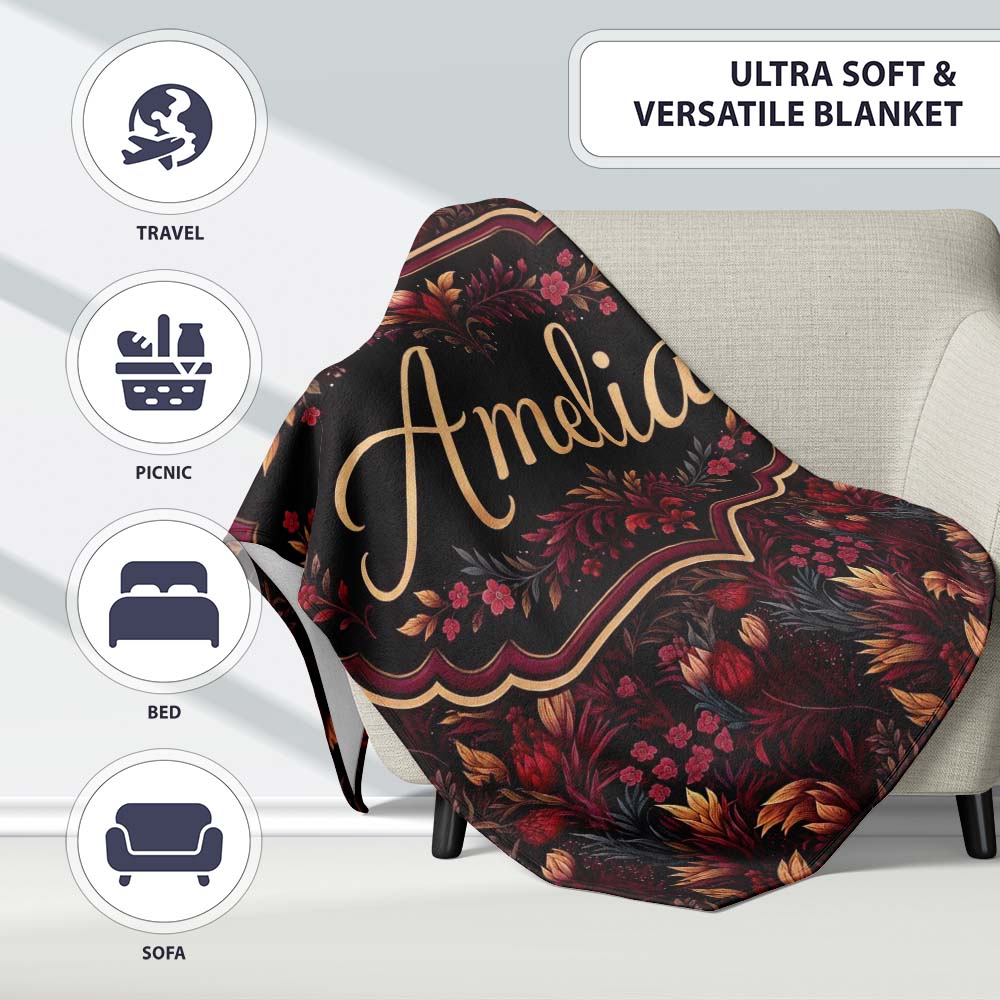 Luxury Deep Red Floral Pattern with Foliage Seamless Name Cute Personalised Custom Name Super Soft Fleece Blanket Bed Sofa Throw